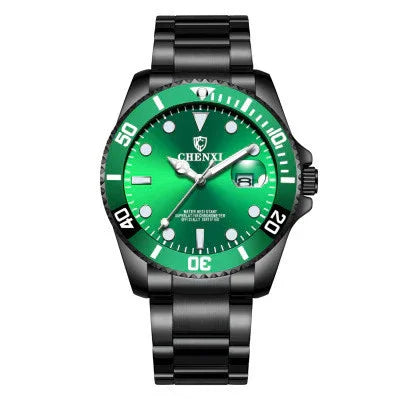 CHENXL black metal wristwatch with green bezel and dial, luminous hands, and date display