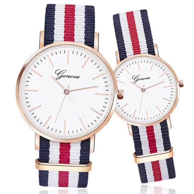 Pair of Geneva wristwatches with rose gold cases and navy, white, and red striped nylon bands