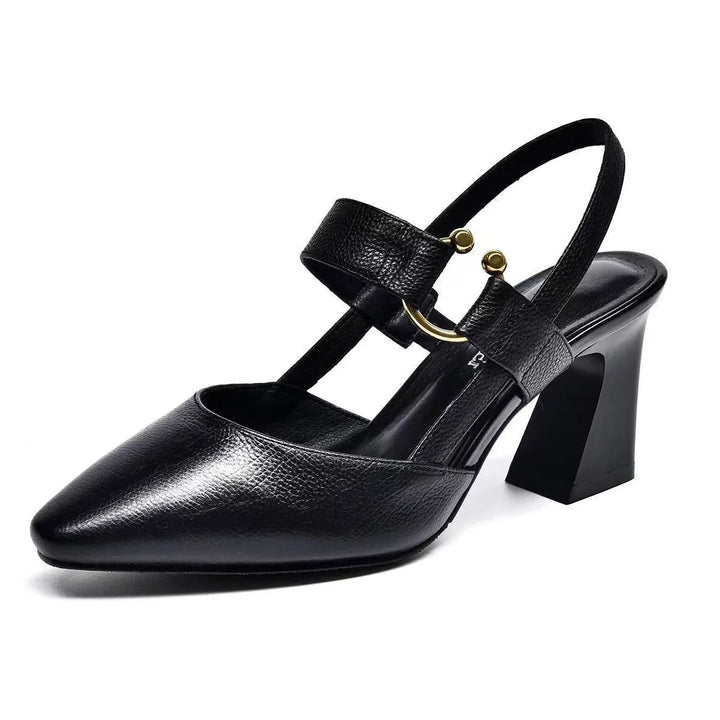Black leather pointed toe slingback high heel with gold buckle detail