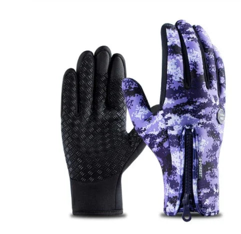Pair of purple camouflage outdoor gloves with black textured palm and zipper detail