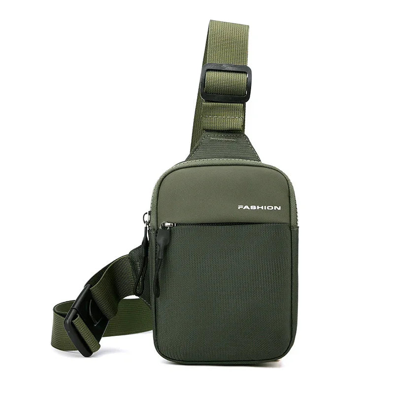 Compact olive green crossbody sling bag with adjustable strap and zipper pockets