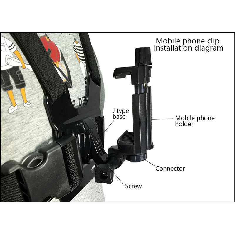 Chest harness phone mount with adjustable mobile holder, labeled installation diagram.