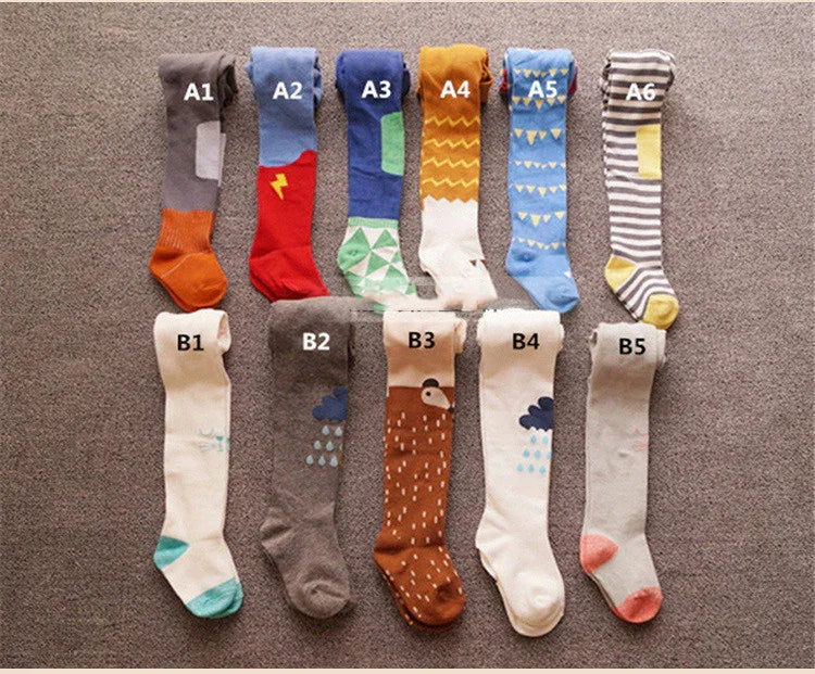Ten pairs of colorful patterned knee-high socks labeled A1 to A6 and B1 to B5, displayed on a gray surface