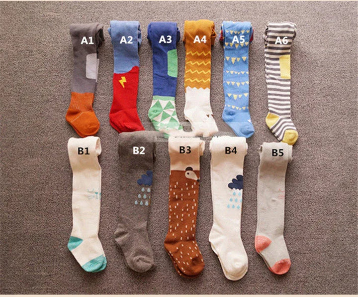 Ten pairs of colorful patterned knee-high socks labeled A1 to A6 and B1 to B5, displayed on a gray surface
