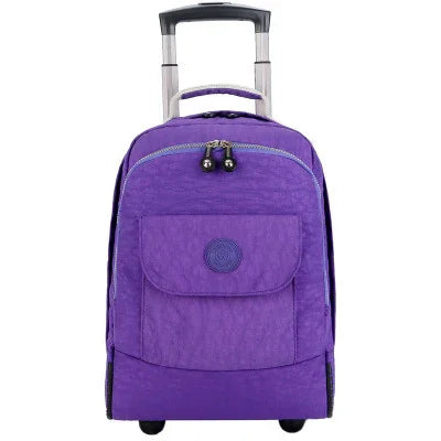 Purple rolling backpack with front pocket, zipper closure, top handle, and telescopic handle