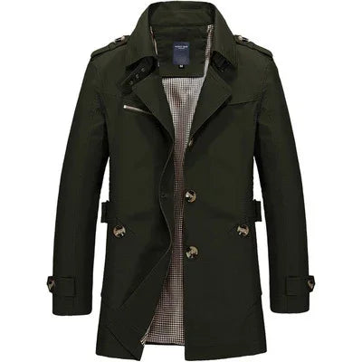 men's dark green trench coat with double-breasted buttons and checked lining
