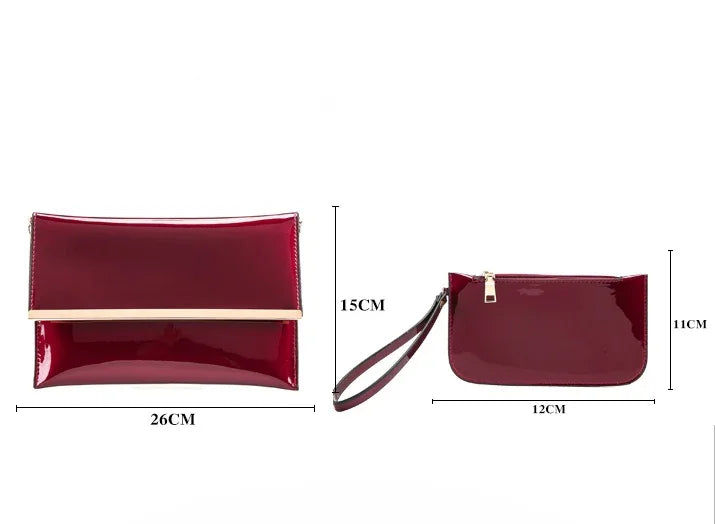 Glossy dark red clutch bag with gold accent and matching wristlet shown with dimensions
