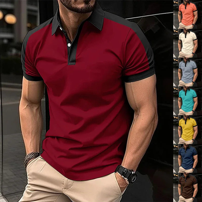 muscular man wearing fitted burgundy polo shirt with black collar and details, paired with beige pants
