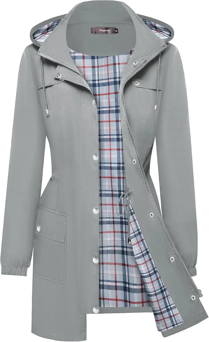 Gray women's waterproof hooded raincoat with plaid inner lining and front snap buttons