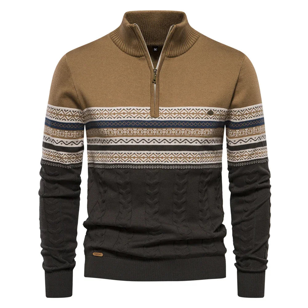 Men's half-zip sweater with brown upper and black cable knit bottom, featuring geometric stripes