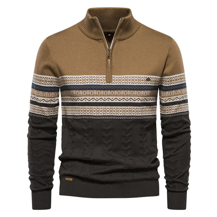 Men's half-zip sweater with brown upper and black cable knit bottom, featuring geometric stripes