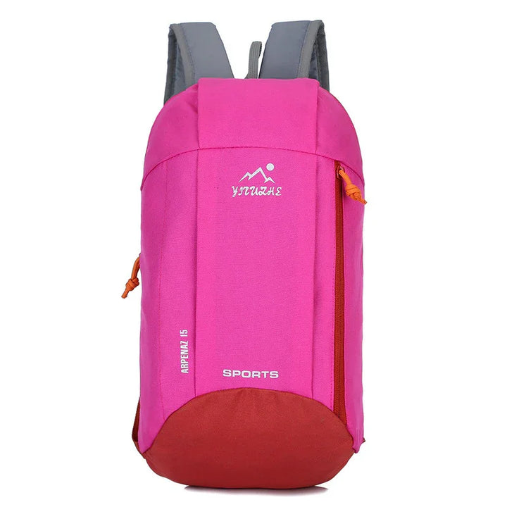 Pink and red sports backpack with front zipper pocket and grey shoulder straps