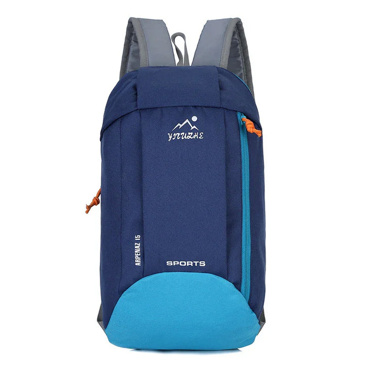 Blue and teal sports backpack with front zipper and shoulder straps, outdoor gear