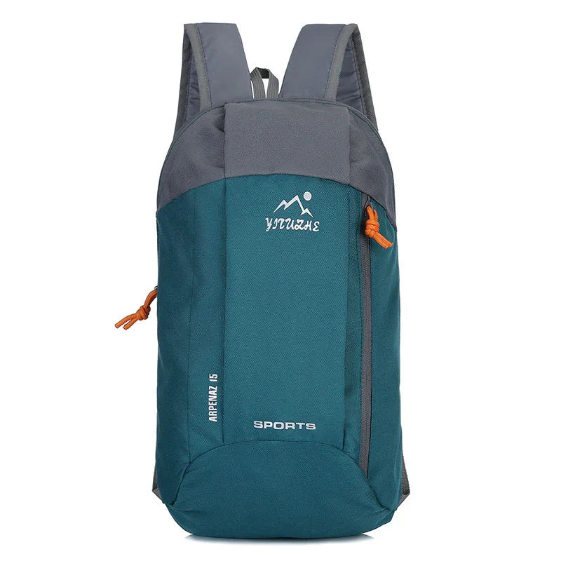 Teal and gray hiking backpack with front zipper, orange pull tabs, and 'SPORTS' text.