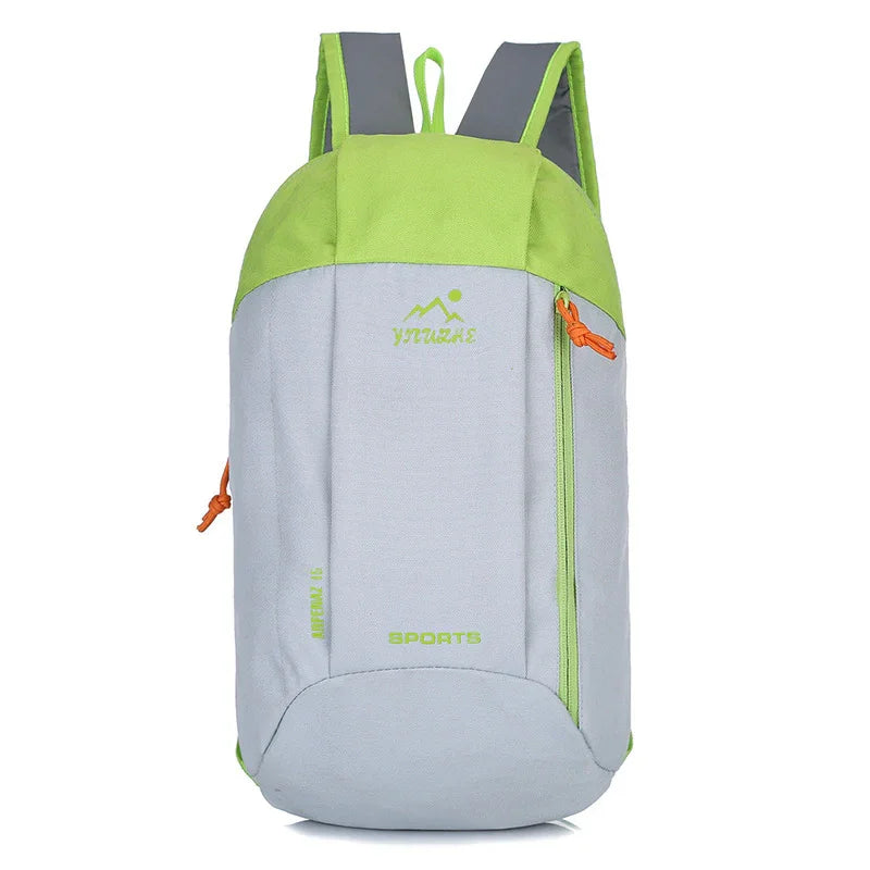 Light grey and green sports backpack with front zipper and shoulder straps