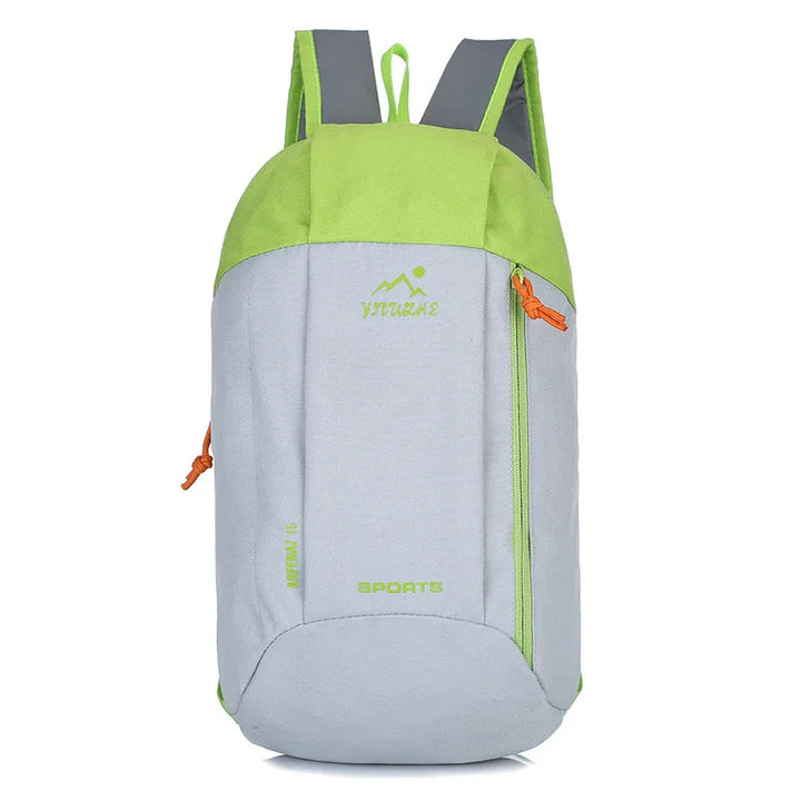 Light grey and green sports backpack with front zipper and shoulder straps