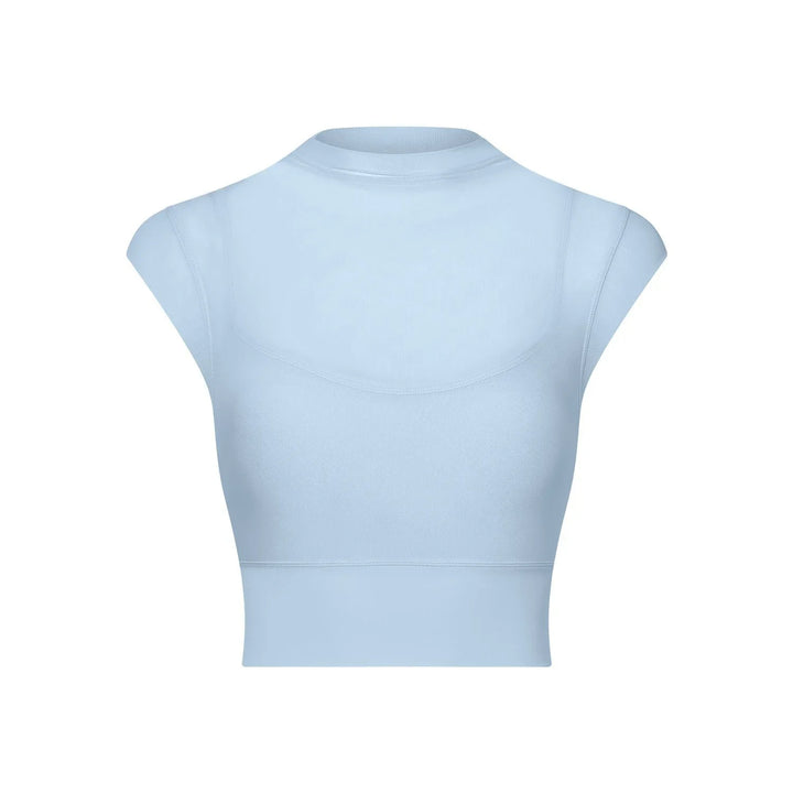 Light blue seamless sleeveless athletic crop top with mock neck