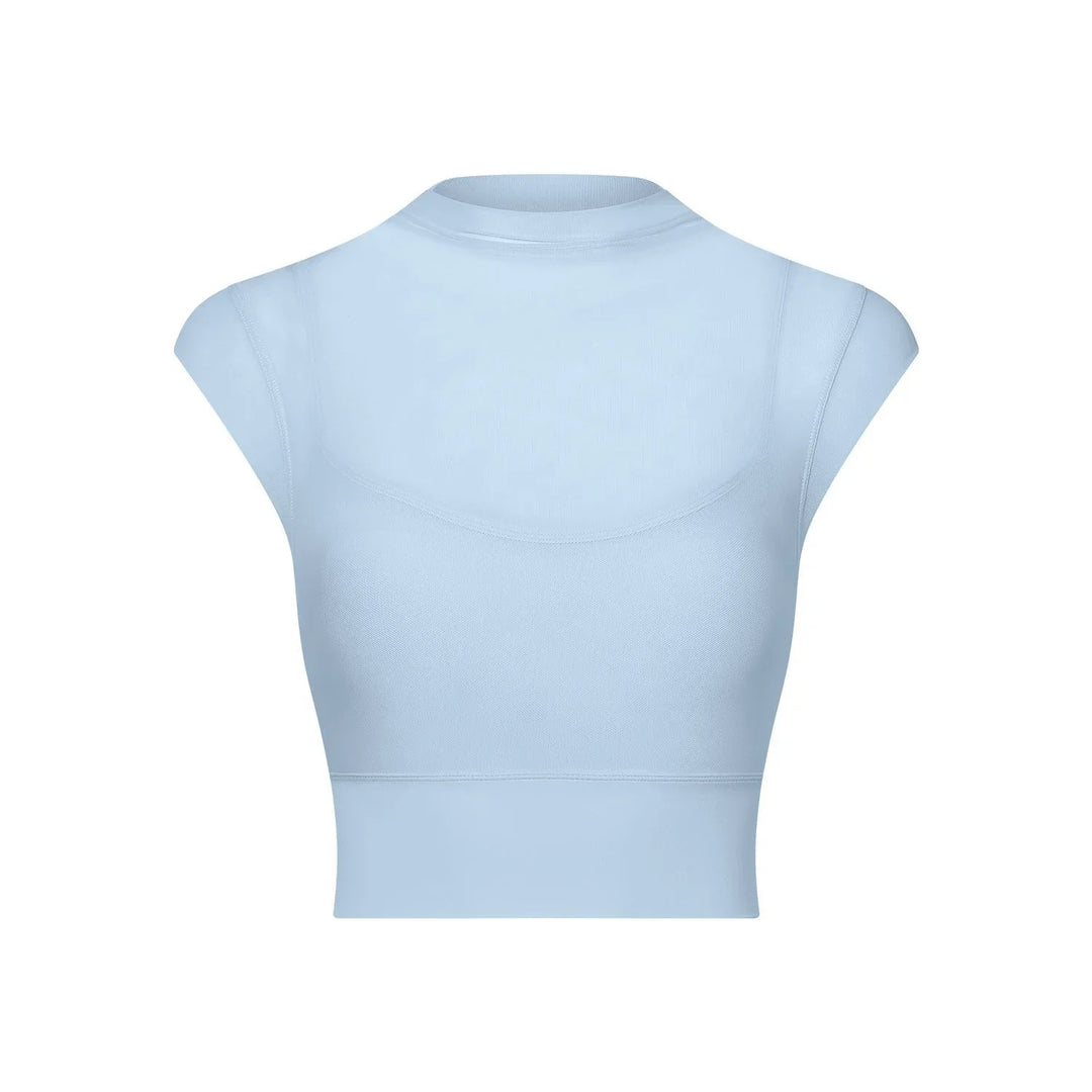 Light blue seamless cropped workout top with cap sleeves and high neckline