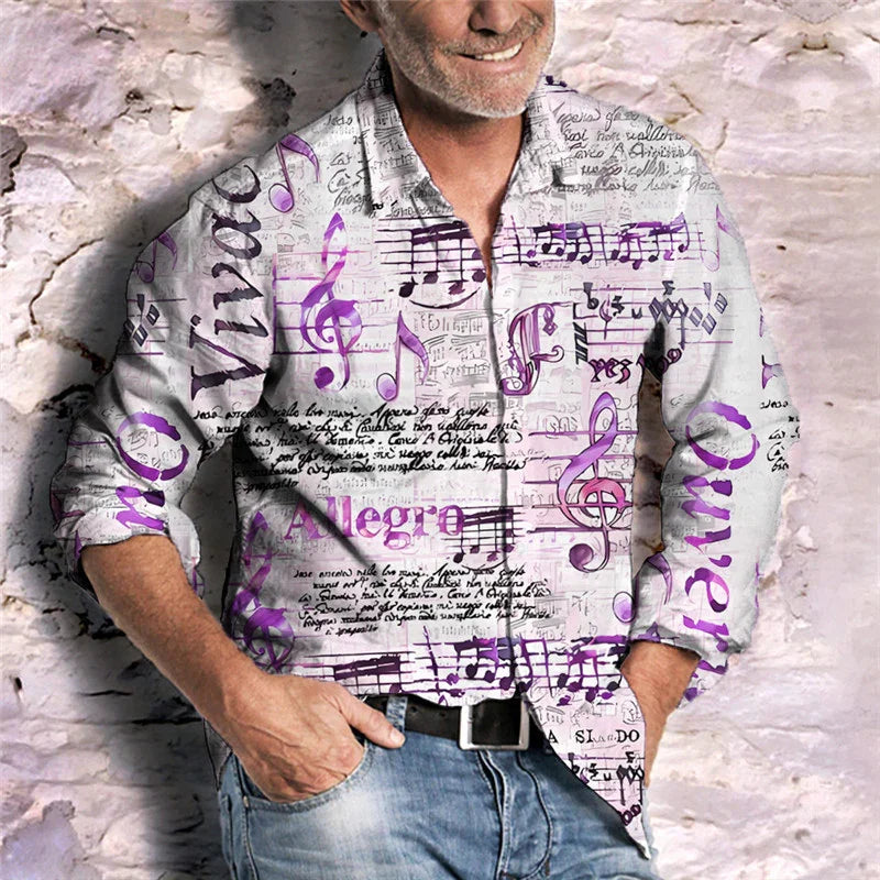 Man wearing white shirt with purple musical notes, treble clefs, and musical terms against rustic stone wall