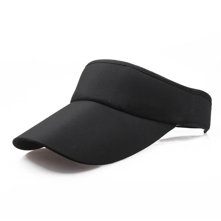 black sports visor cap with wide curved brim on white background