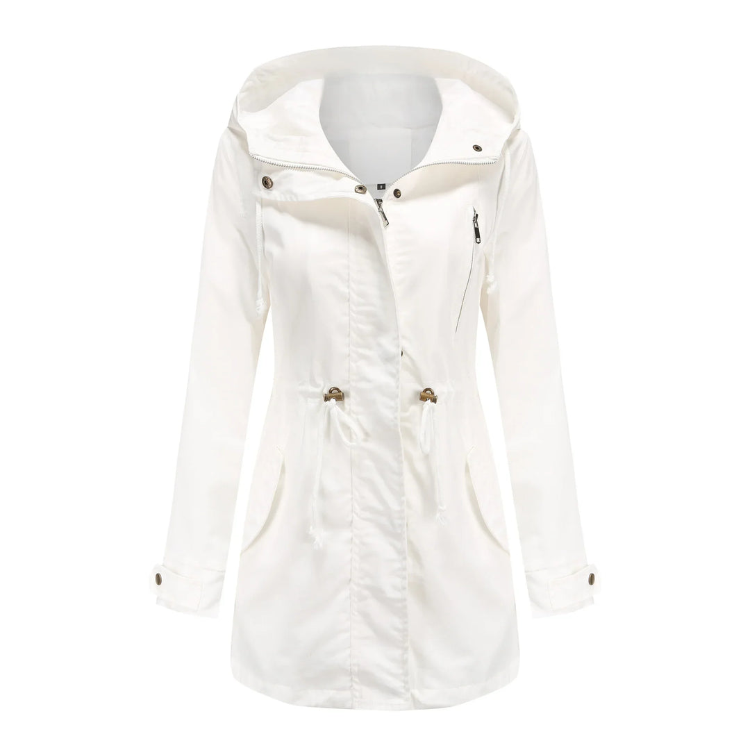 White women's hooded long jacket with zipper, drawstrings, and buttoned cuffs