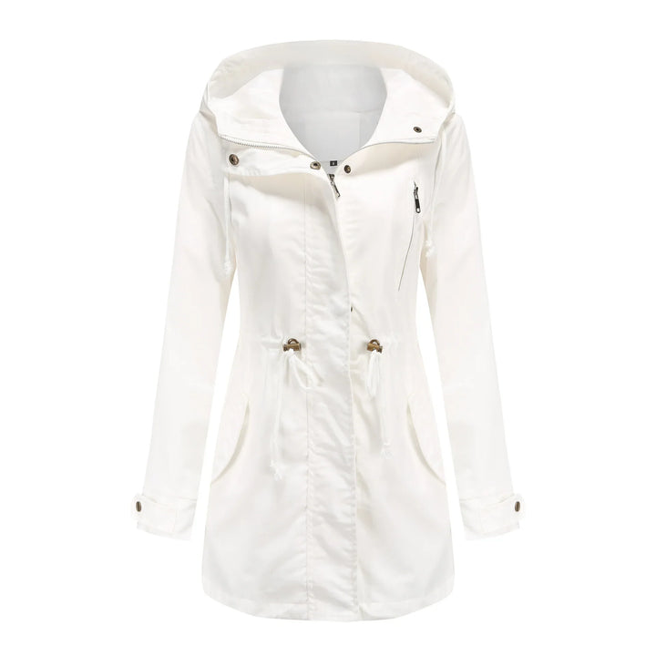 White women's hooded long jacket with zipper, drawstrings, and buttoned cuffs