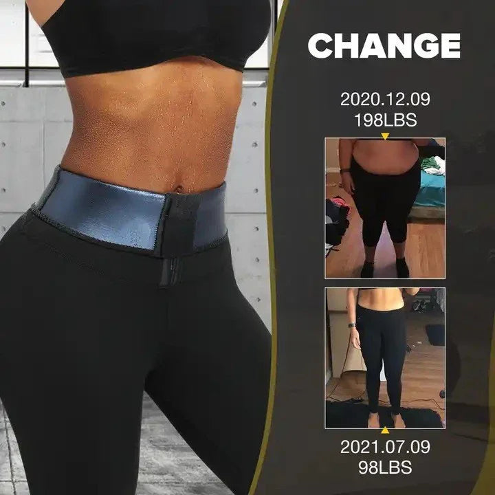 Woman showing weight loss transformation wearing black workout leggings and crop top with dates and weights displayed