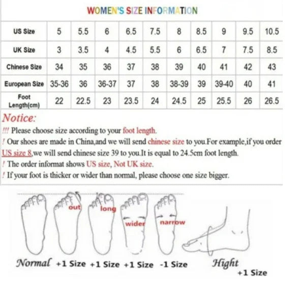 Women's shoe size chart with US, UK, Chinese, European sizes, foot length, and sizing tips