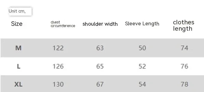 Clothing size chart in centimeters showing chest circumference, shoulder width, sleeve length, and clothes length for M, L, XL