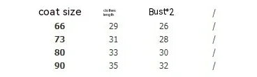 Coat size chart showing sizes 66 to 90 with corresponding clothes length and bust measurements