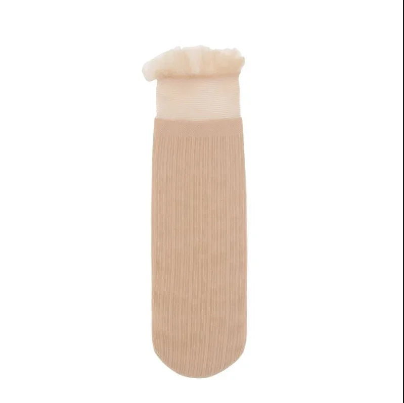 Beige ribbed women's sock with ruffled elastic cuff on white background