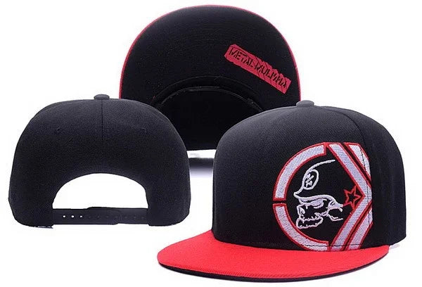 Black snapback cap with red flat brim and embroidered skull logo with star on front, adjustable back