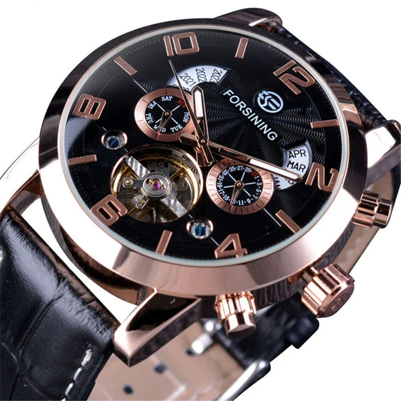 Forsining men's black dial skeleton automatic watch with rose gold case and black leather strap