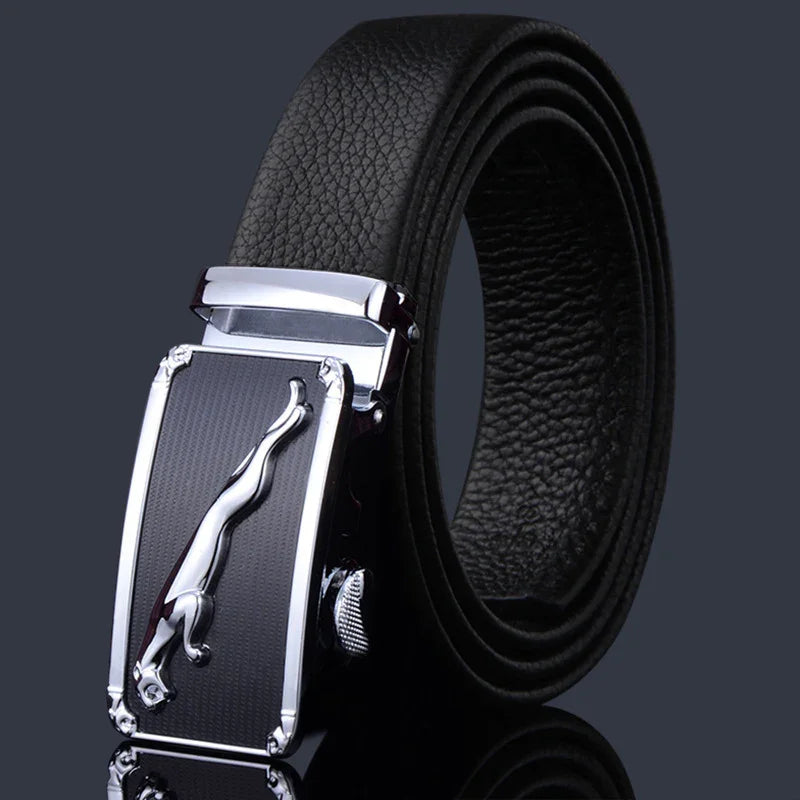 Black leather belt with silver panther-shaped buckle on dark background