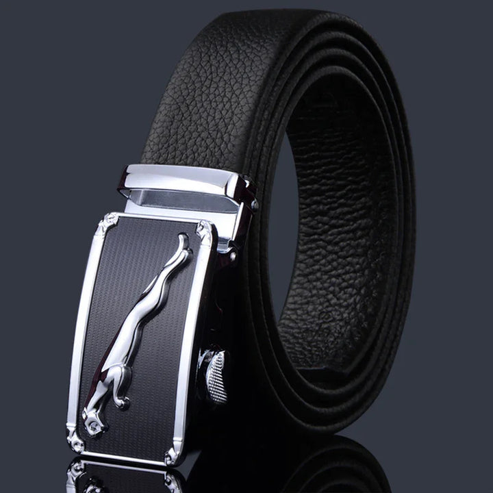Black leather belt with silver panther-shaped buckle on dark background