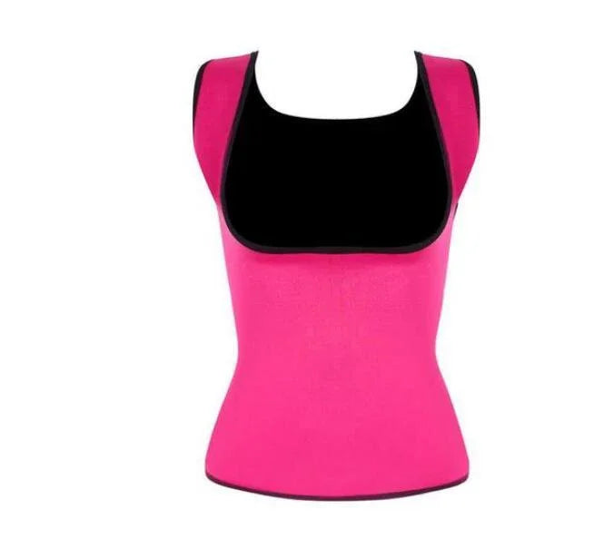 Pink and black neoprene waist trainer vest for women on white background