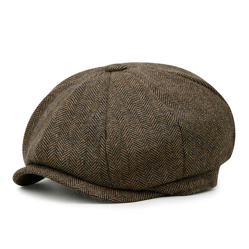 Brown herringbone tweed newsboy cap with eight panels and button on top