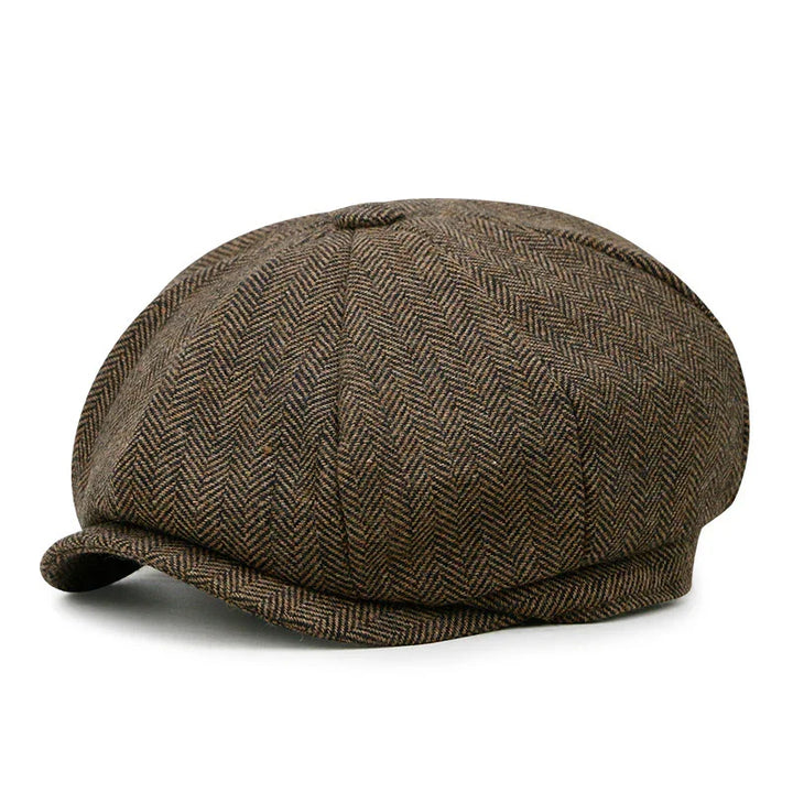 Brown herringbone tweed newsboy cap with eight panels and button on top