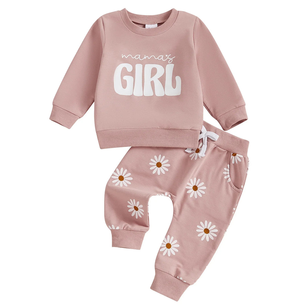 Pink baby girl two-piece outfit with sweatshirt saying 'mama's GIRL' and daisy print pants