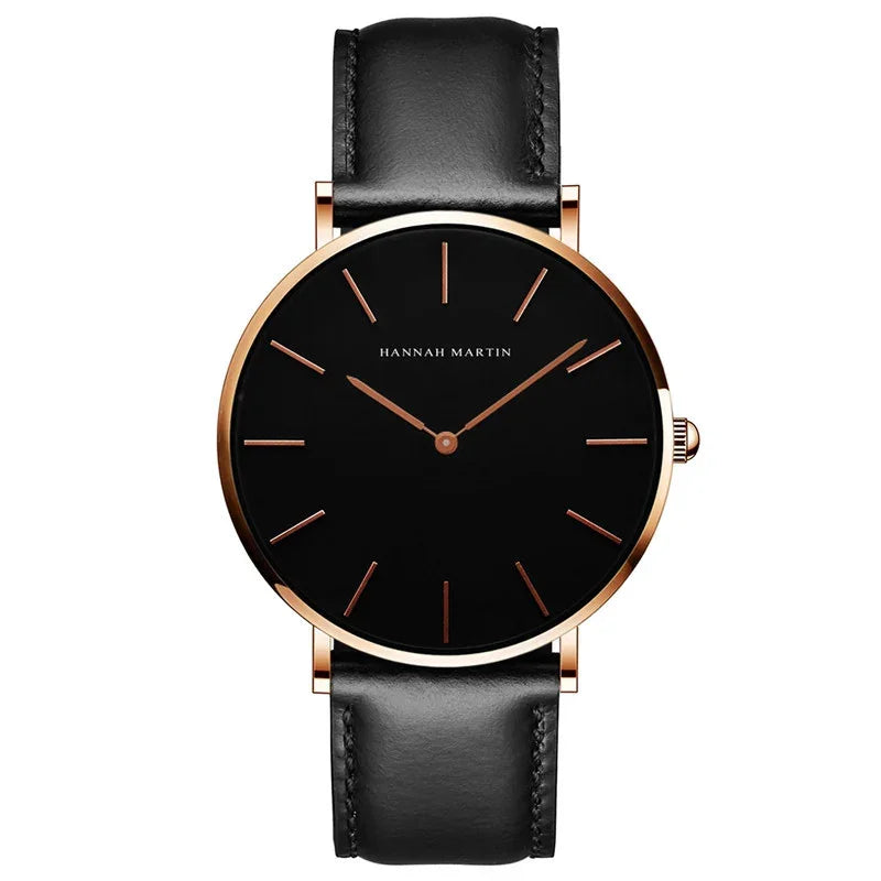 Hannah Martin black dial minimalist wristwatch with rose gold case and black leather strap
