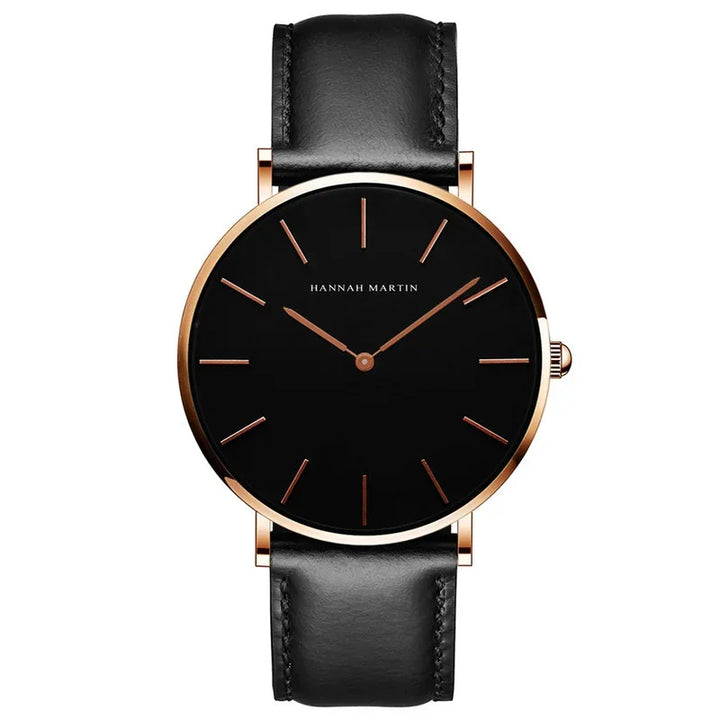 Hannah Martin black dial minimalist wristwatch with rose gold case and black leather strap