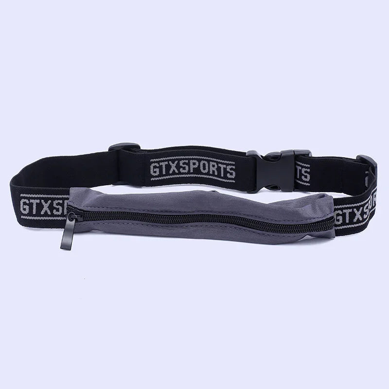 Gray zippered running belt with adjustable black GTXSPORTS strap for outdoor fitness