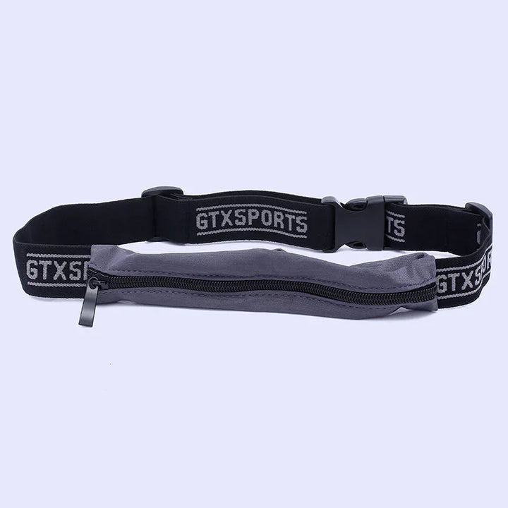Gray zippered running belt with adjustable black GTXSPORTS strap for outdoor fitness