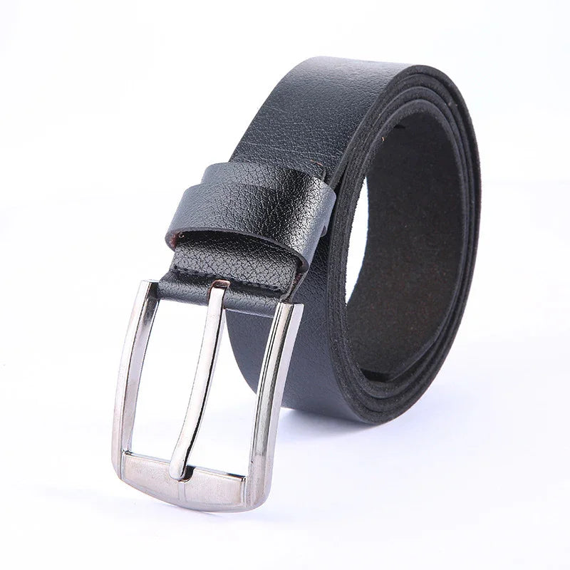 Rolled black leather belt with silver rectangular buckle on white background