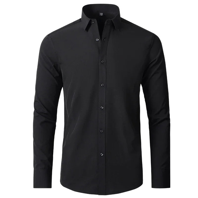 Men's black long sleeve formal dress shirt with classic collar and button closure
