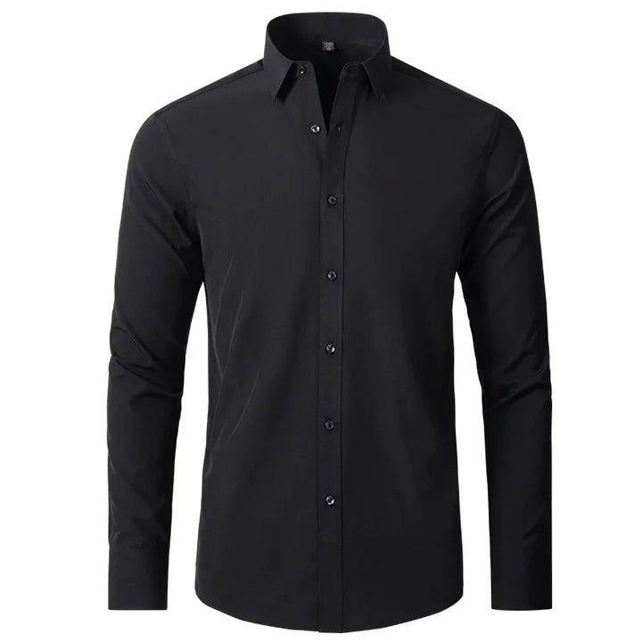 Men's black long sleeve formal dress shirt with classic collar and button closure
