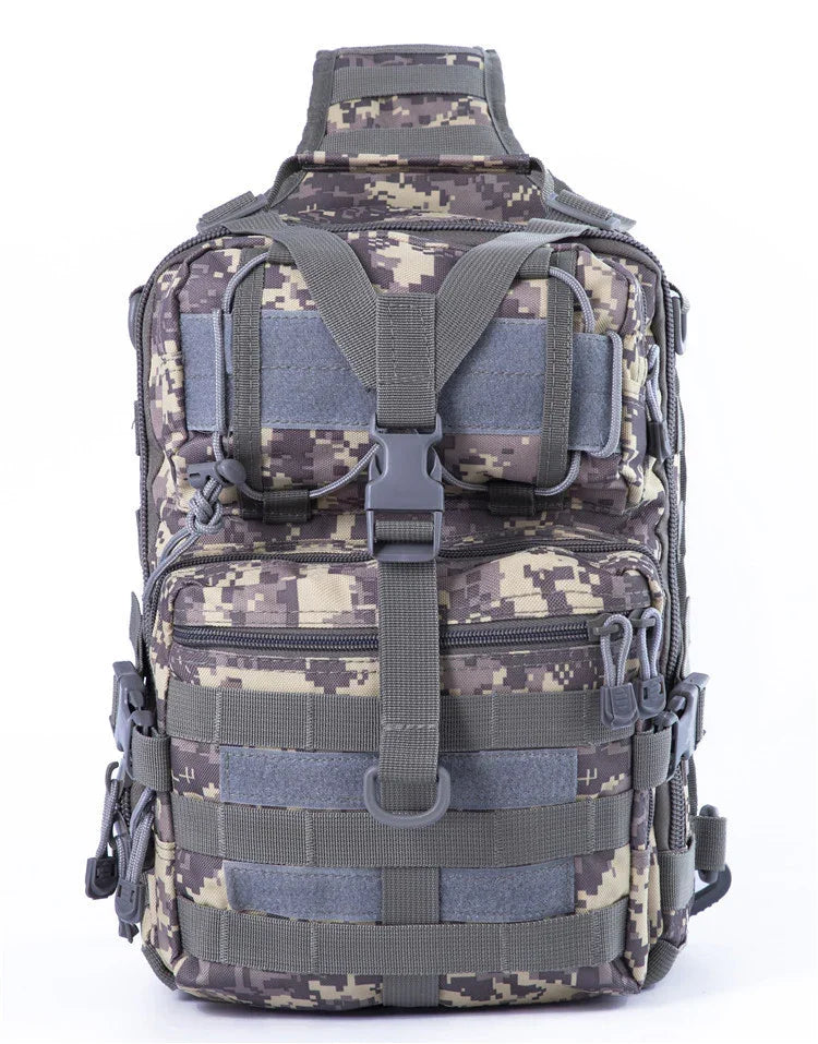 Military digital camouflage tactical backpack with multiple straps, buckles, and zippered compartments