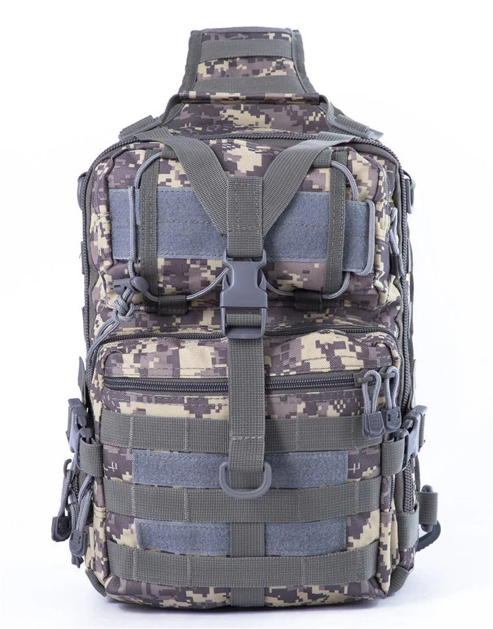 Military digital camouflage tactical backpack with multiple straps, buckles, and zippered compartments