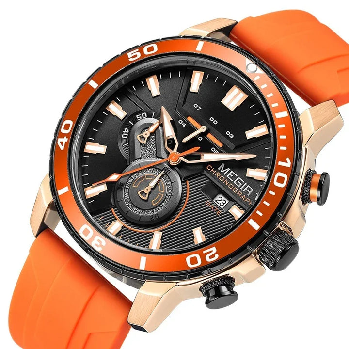 MEGIR chronograph men's wristwatch with black dial, orange bezel, and orange silicone strap