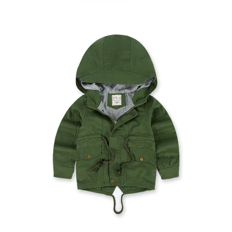 Green toddler hooded jacket with striped inner lining and front pockets